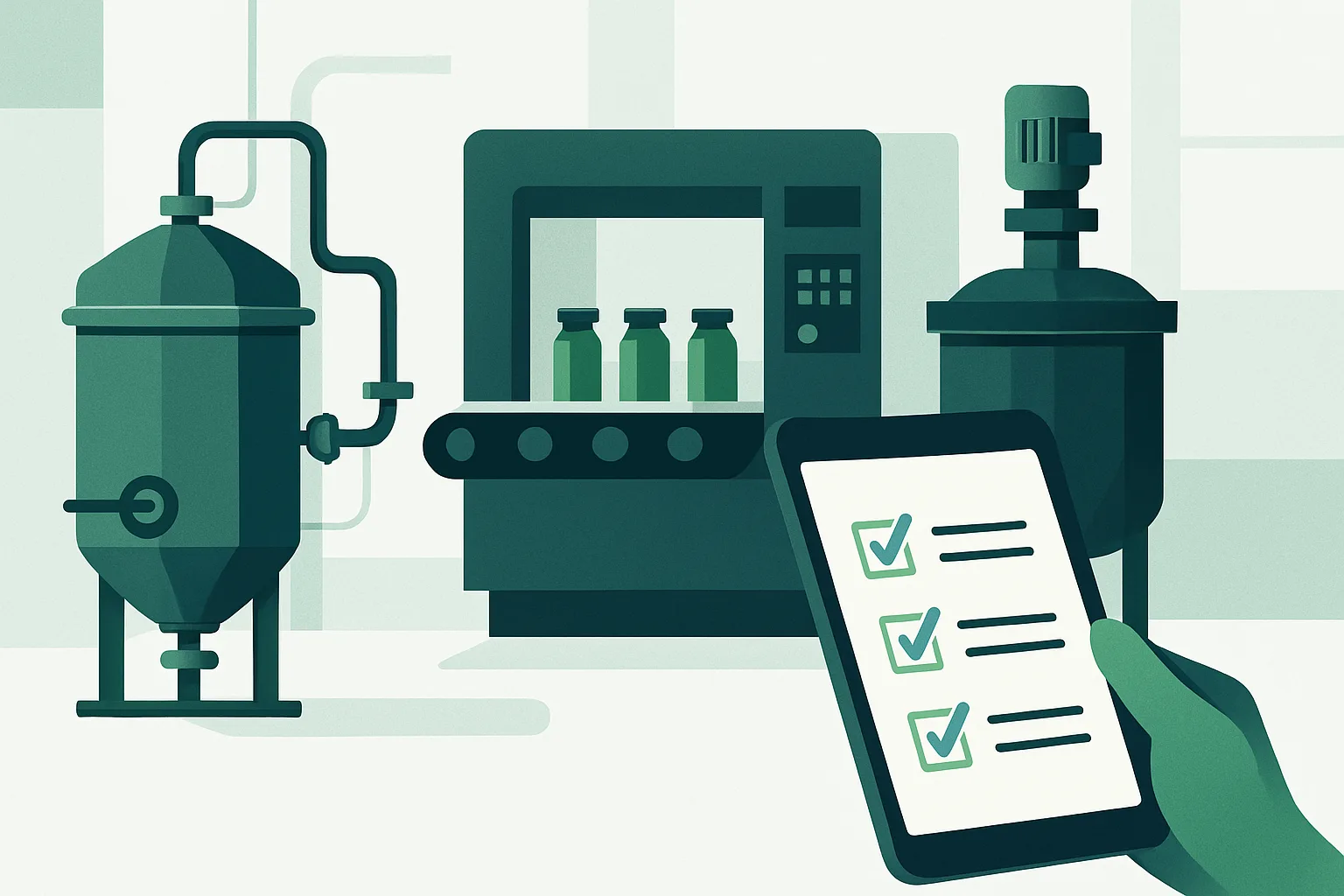 Environnement de production pharmaceutique moderne et stérile, avec éléments de formation numérique.