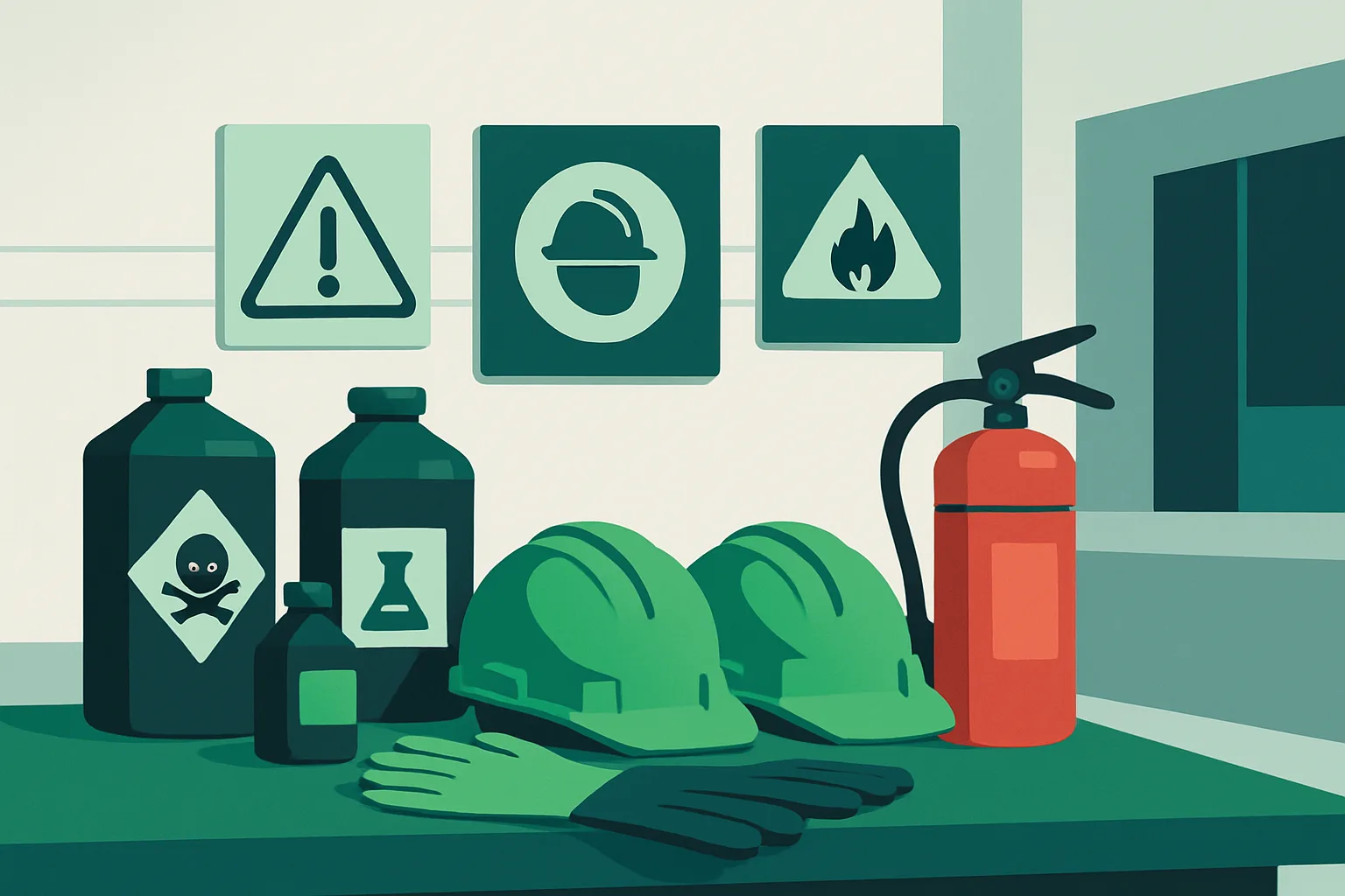 Illustration d'un environnement industriel sécurisé avec équipements de sécurité et signalisation.