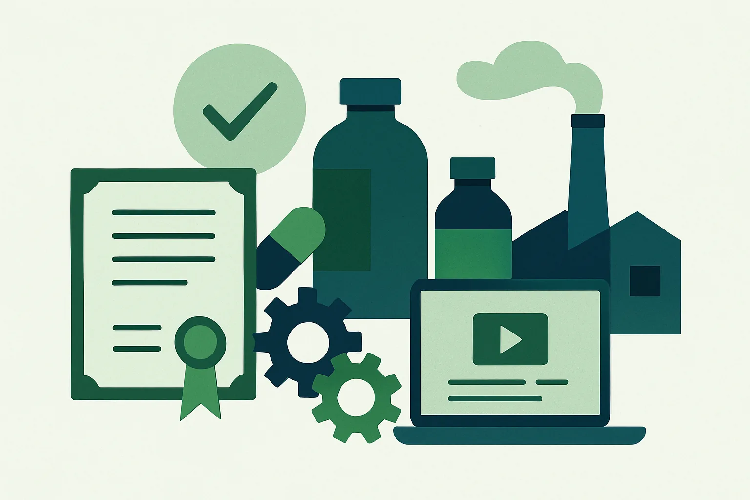 Illustration moderne représentant l'industrie, la conformité et la formation professionnelle