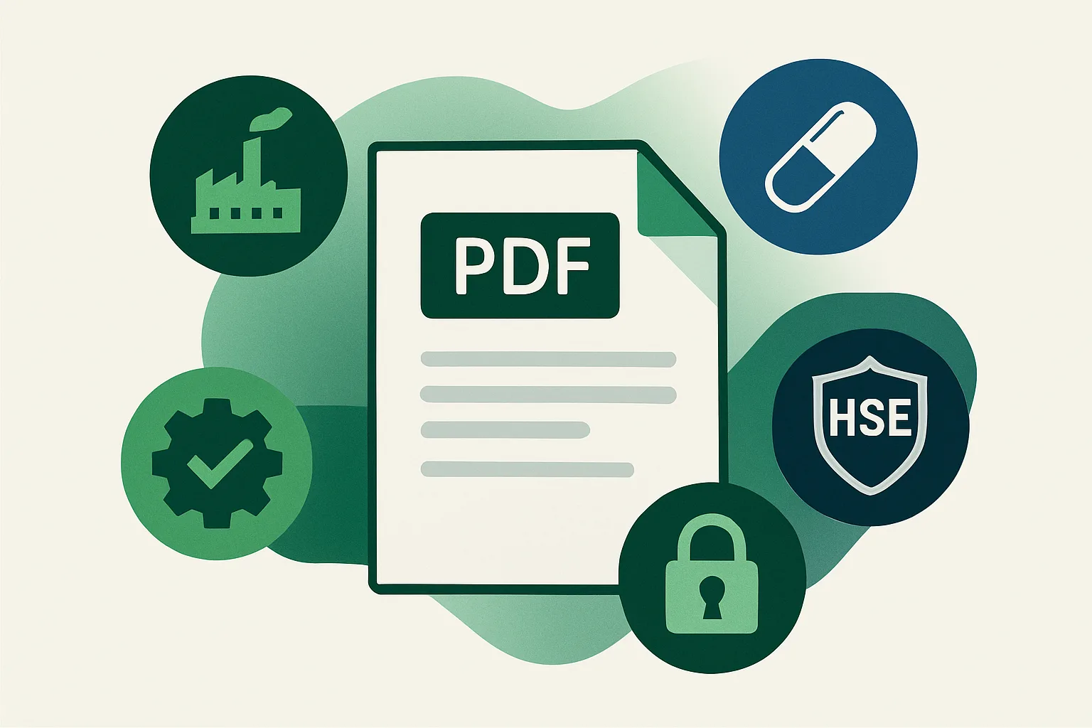 Illustration d'un catalogue PDF ouvert avec des icônes de formation industrie, qualité, HSE et cybersécurité.