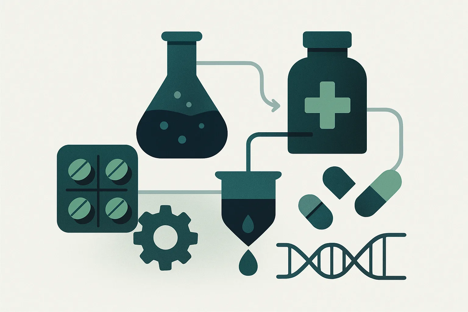 Illustration abstraite de processus industriels interconnectés dans l'industrie pharmaceutique.