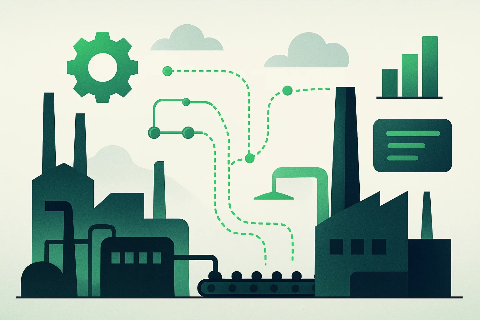 Illustration abstraite d'un paysage industriel moderne avec usines stylisées et flux numériques.