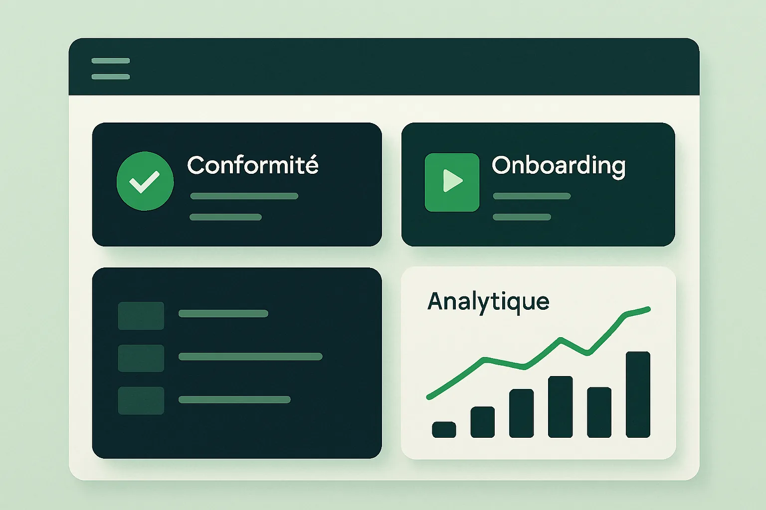 Illustration épurée d'une plateforme LMS avec modules et tableaux de bord.