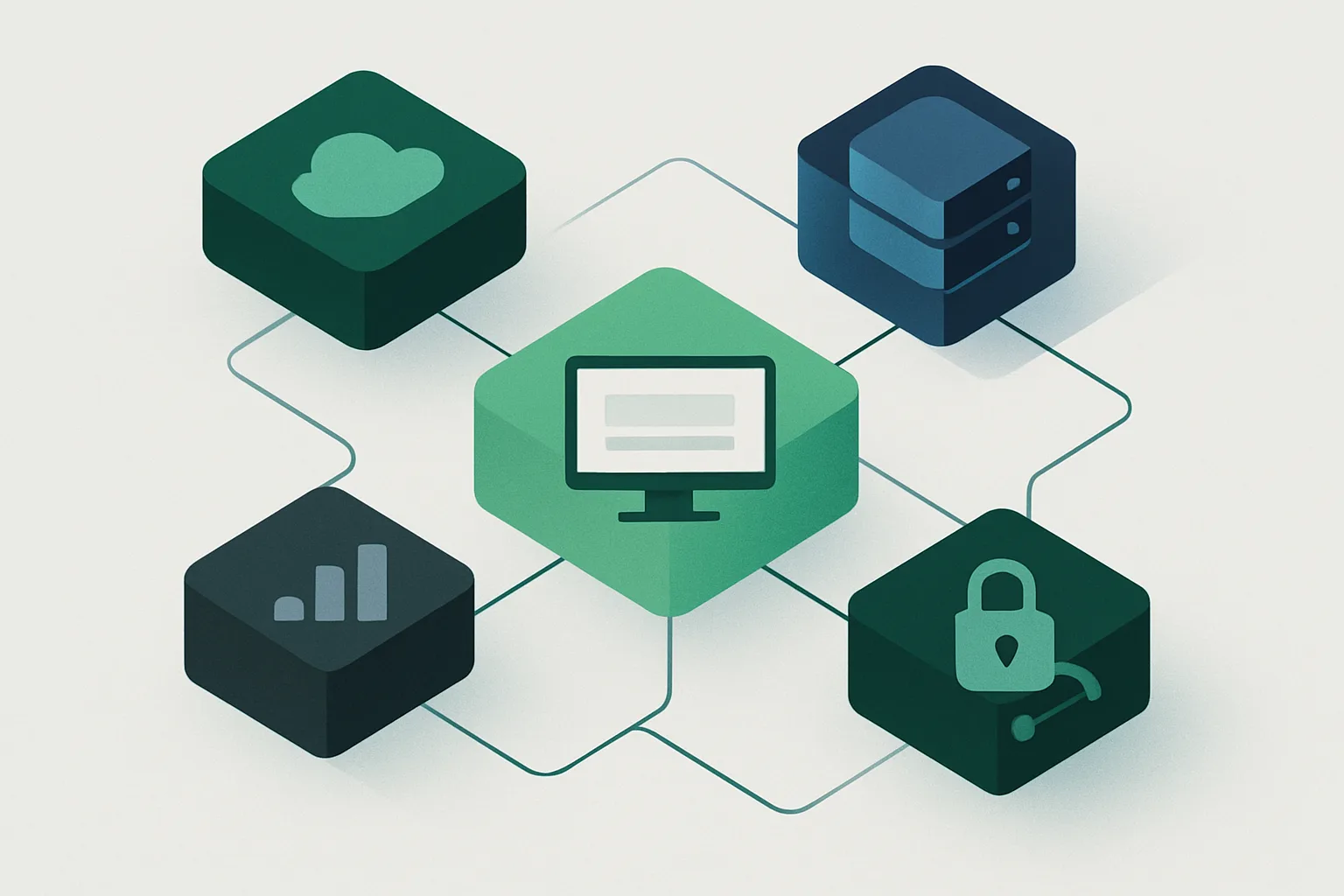 Illustration de modules informatiques interconnectés sur fond clair et épuré.