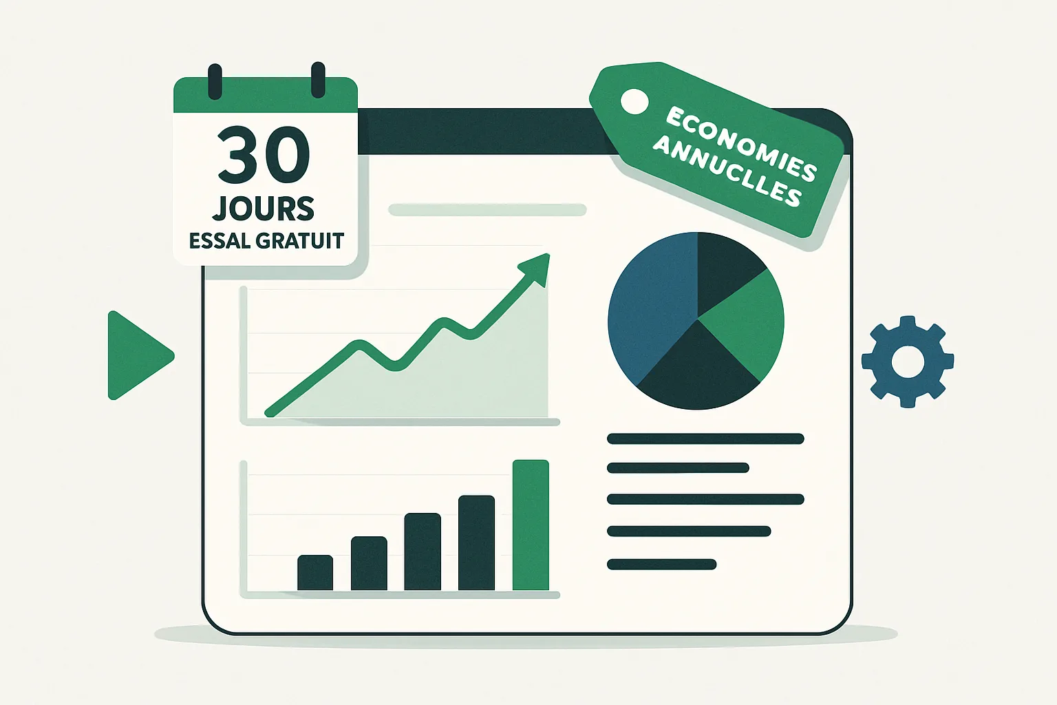 Illustration d'un tableau de bord digital stylisé évoquant l'essai gratuit et l'économie annuelle.