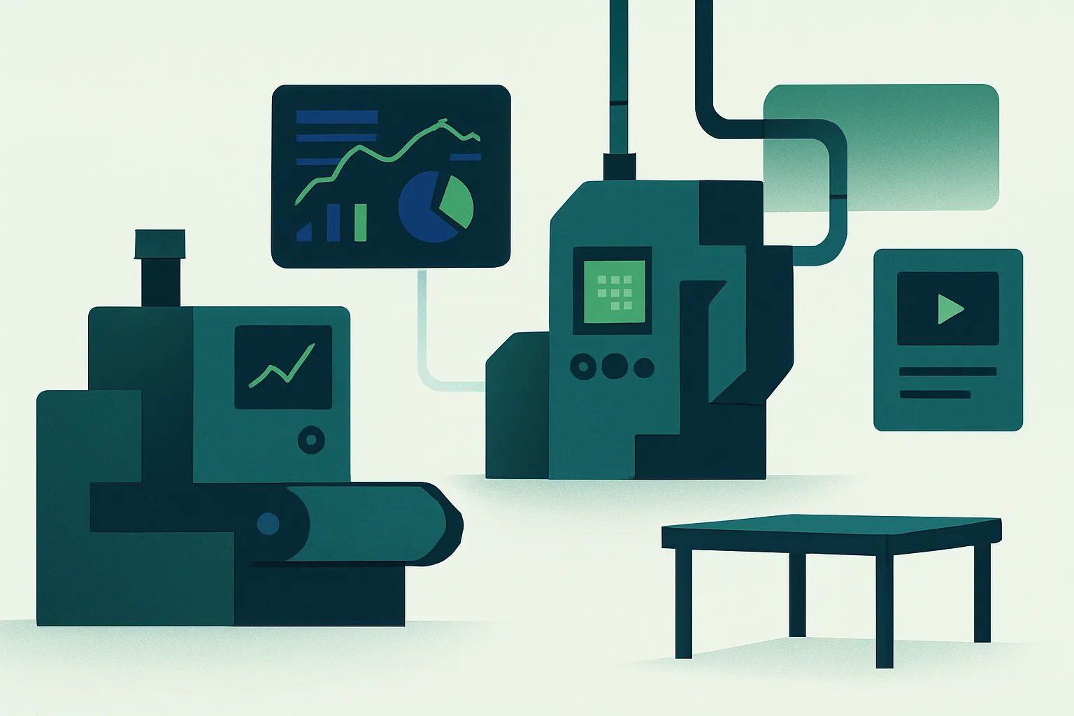 Illustration d'un environnement industriel moderne avec outils numériques et supports de formation