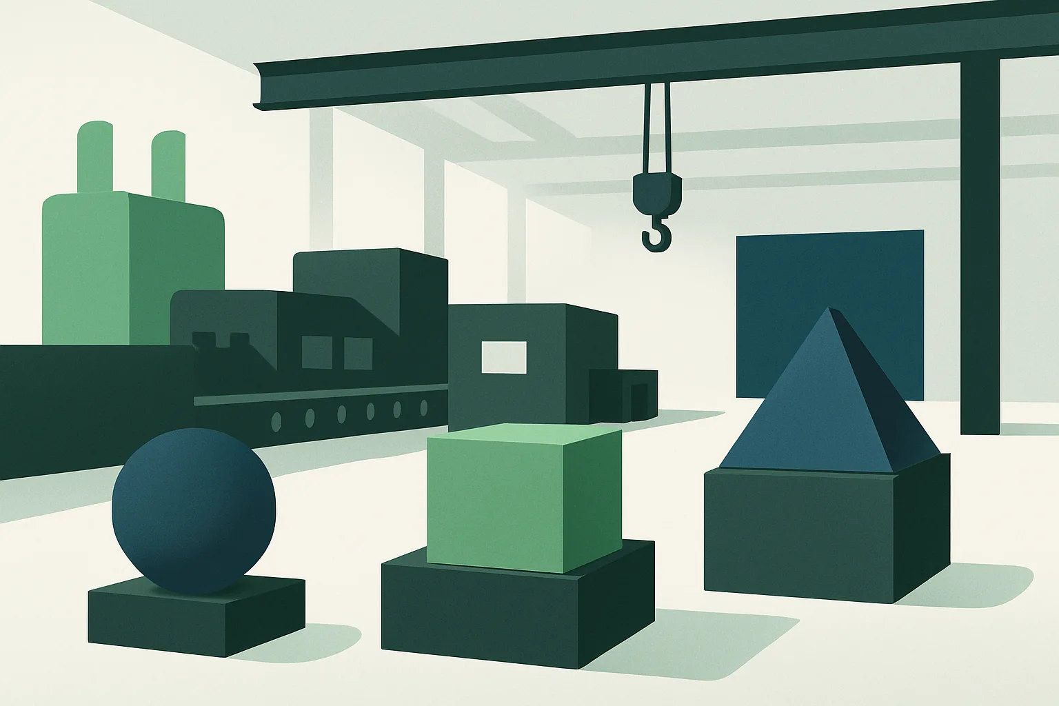 Illustration d'une usine industrielle avec des coûts cachés symbolisés par des formes abstraites.