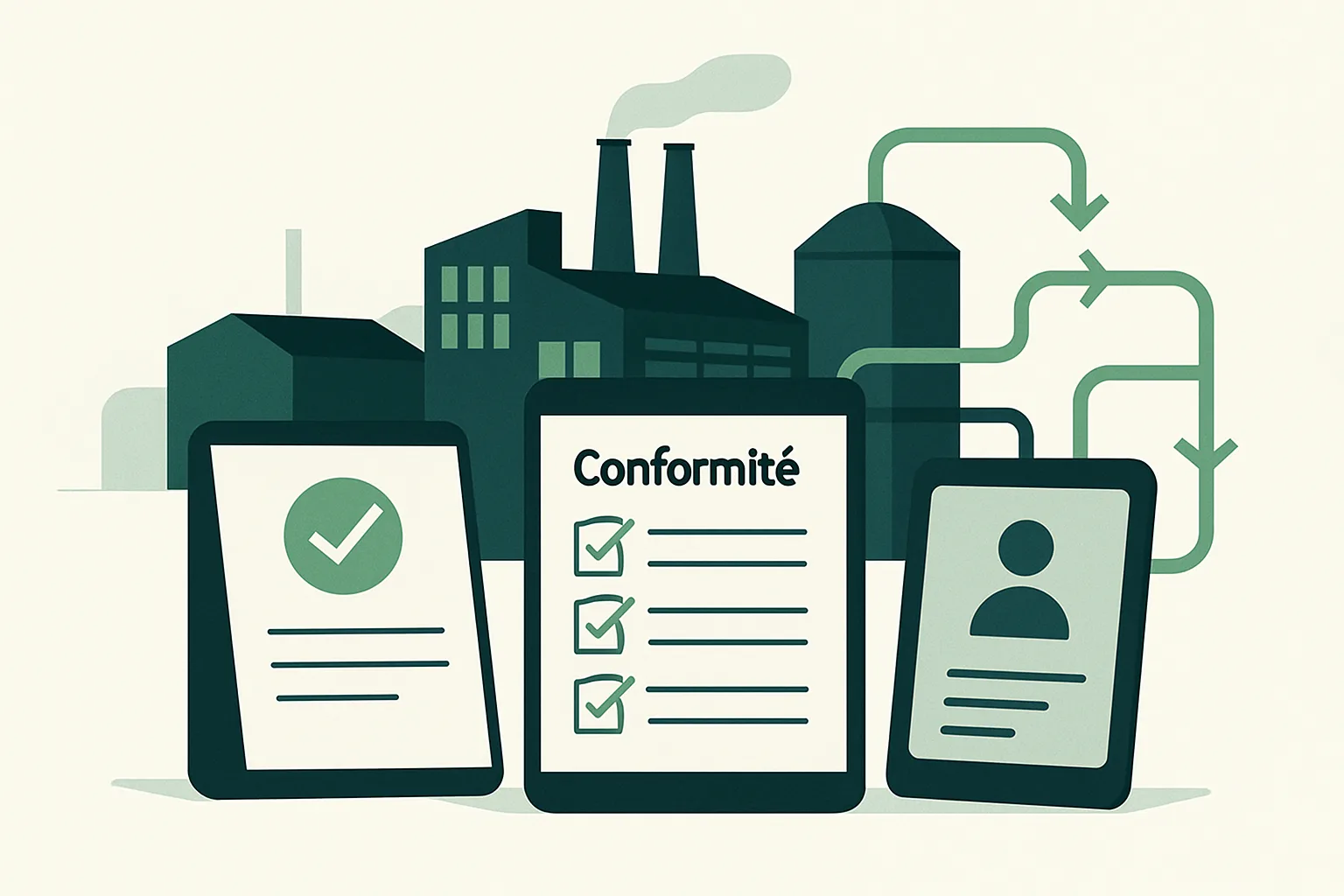 Illustration moderne d'une usine réglementée avec des éléments de conformité et de formation.