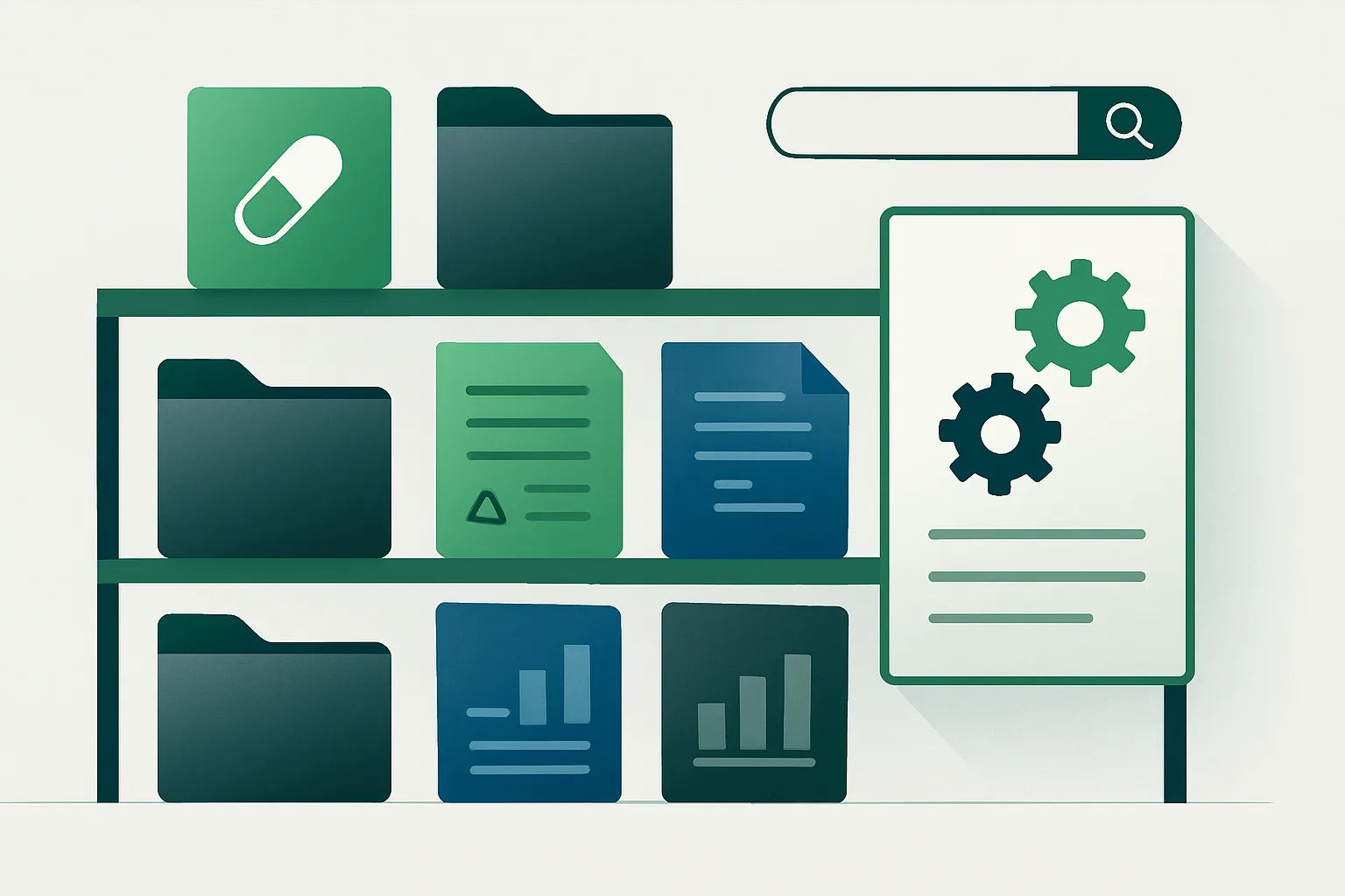 Illustration d'un centre de ressources digital organisé pour l'industrie pharmaceutique.