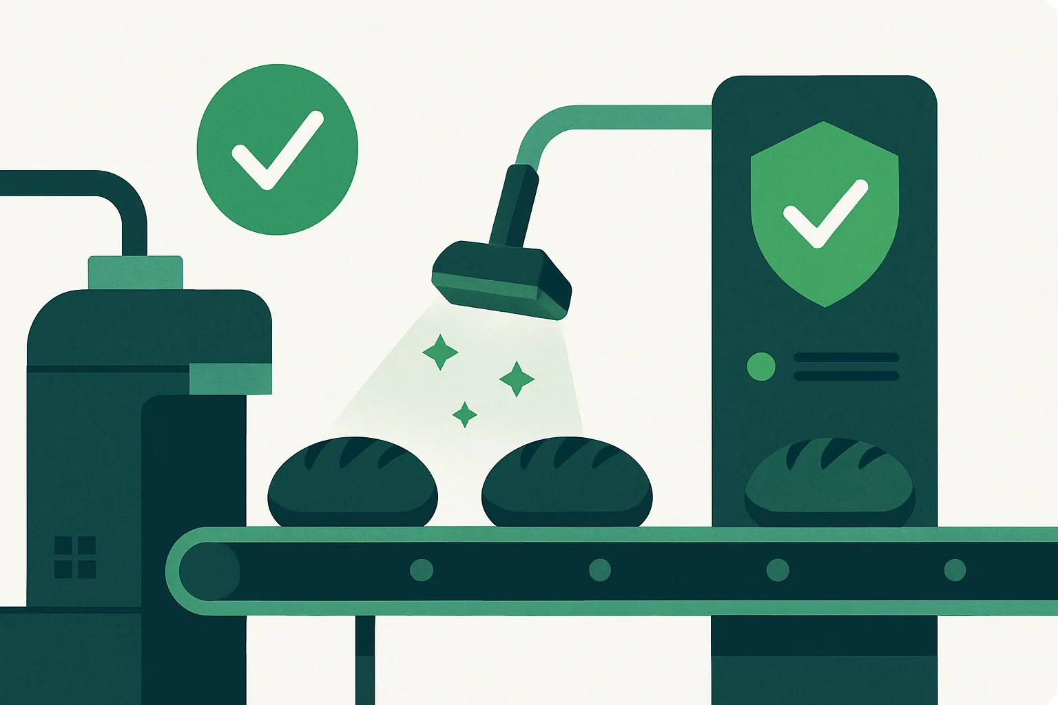 Chaîne de production agroalimentaire stylisée illustrant la sécurité des aliments.