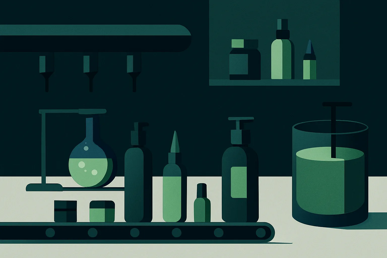 Illustration d'une usine cosmétique moderne avec lignes de production et flacons.