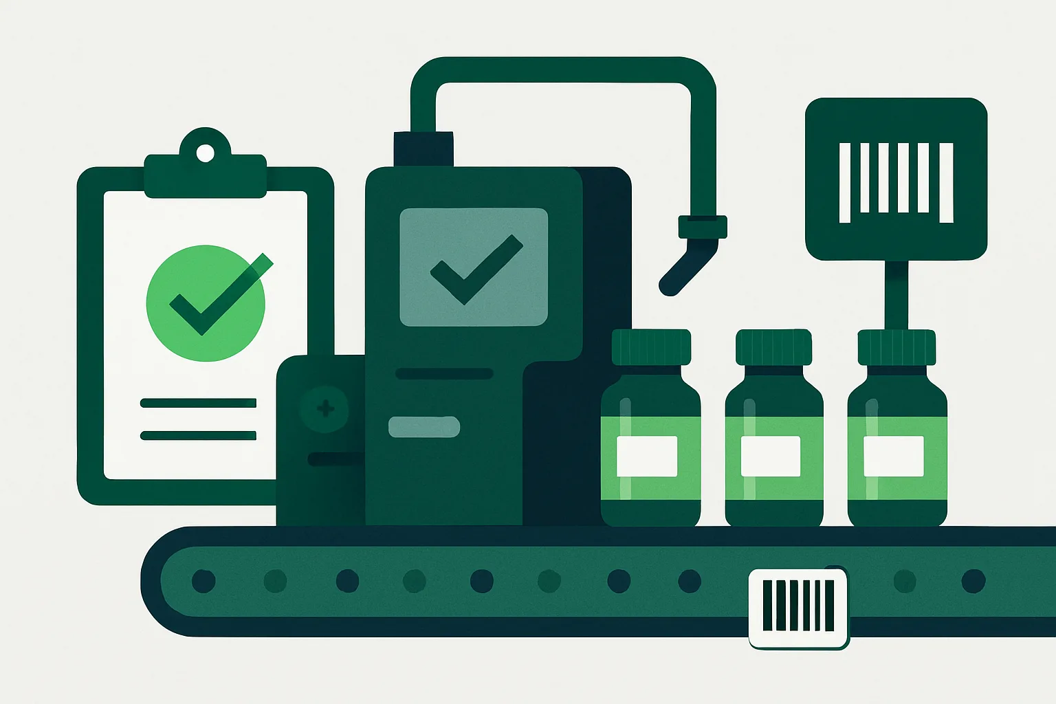 Chaîne de production de dispositifs médicaux stylisée, symbolisant la conformité ISO 13485.