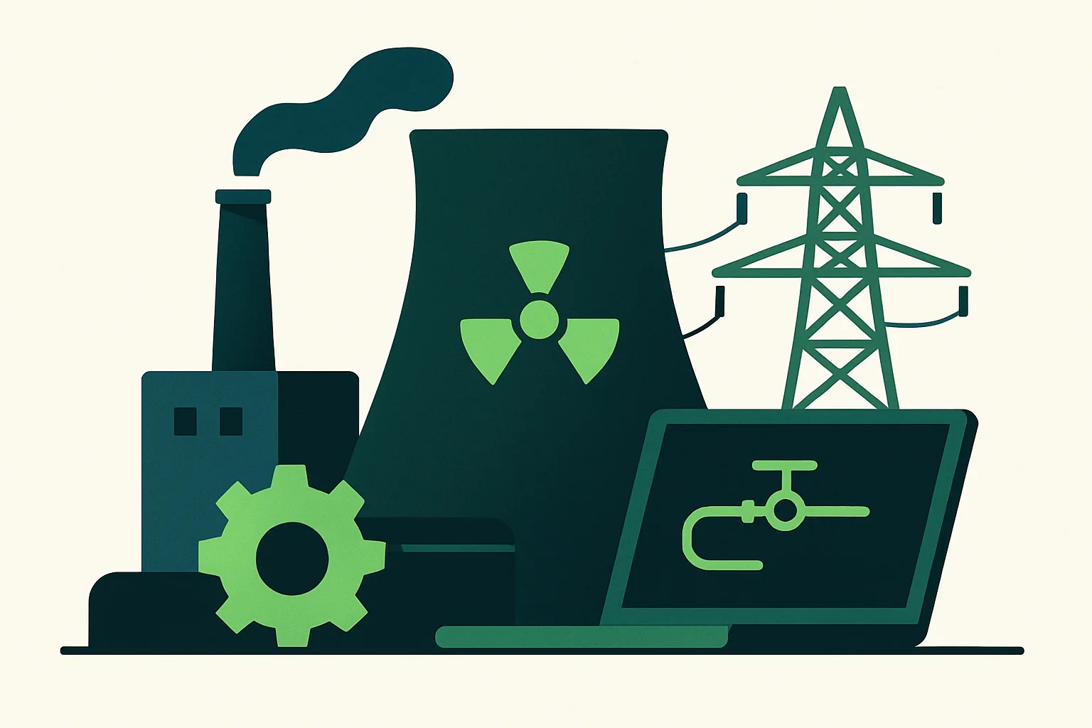 Illustration stylisée d'une centrale nucléaire et d'infrastructures énergétiques modernes.