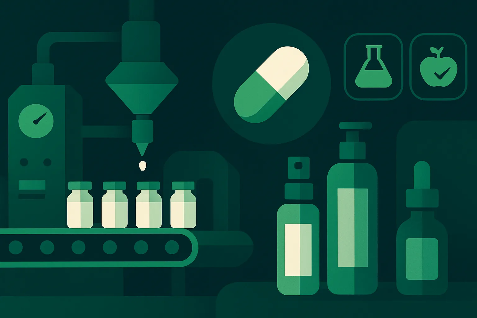Illustration stylisée d'un environnement de production en sciences de la vie, sans personnages.