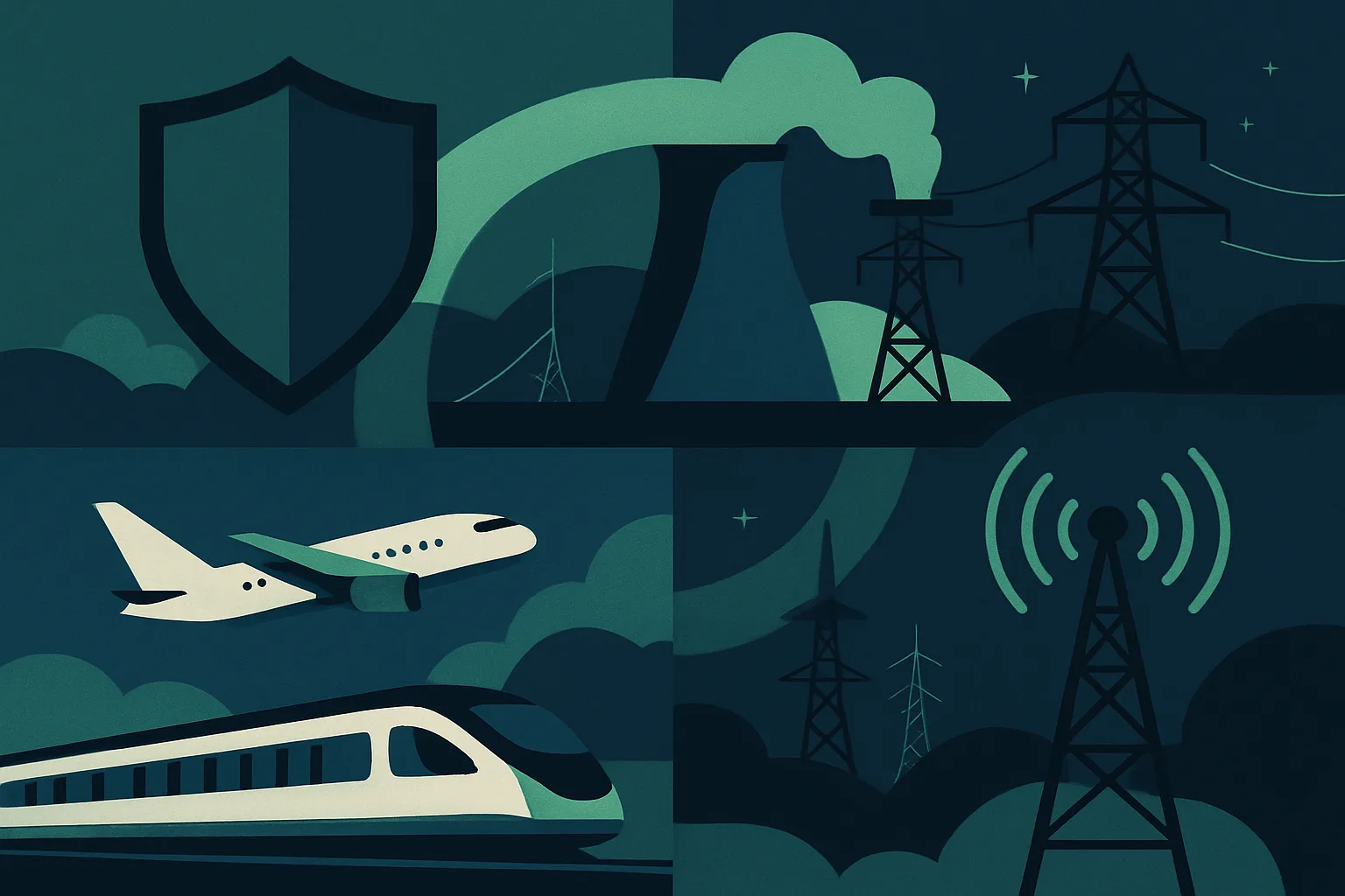 Illustration des secteurs défense, énergie, transports et télécoms représentés par des symboles industriels modernes.