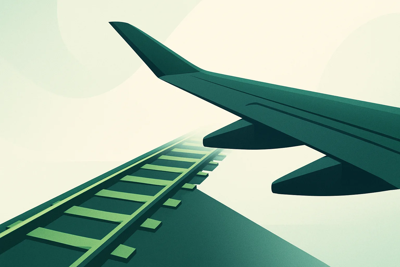 Illustration stylisée d'une voie ferrée croisant une aile d'avion sur fond clair et épuré.