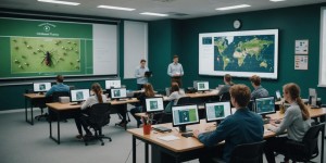 Students in a blended learning environment studying 3D pest control methods on screens and through hands-on activities.