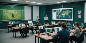 Students in a blended learning environment studying 3D pest control methods on screens and through hands-on activities.